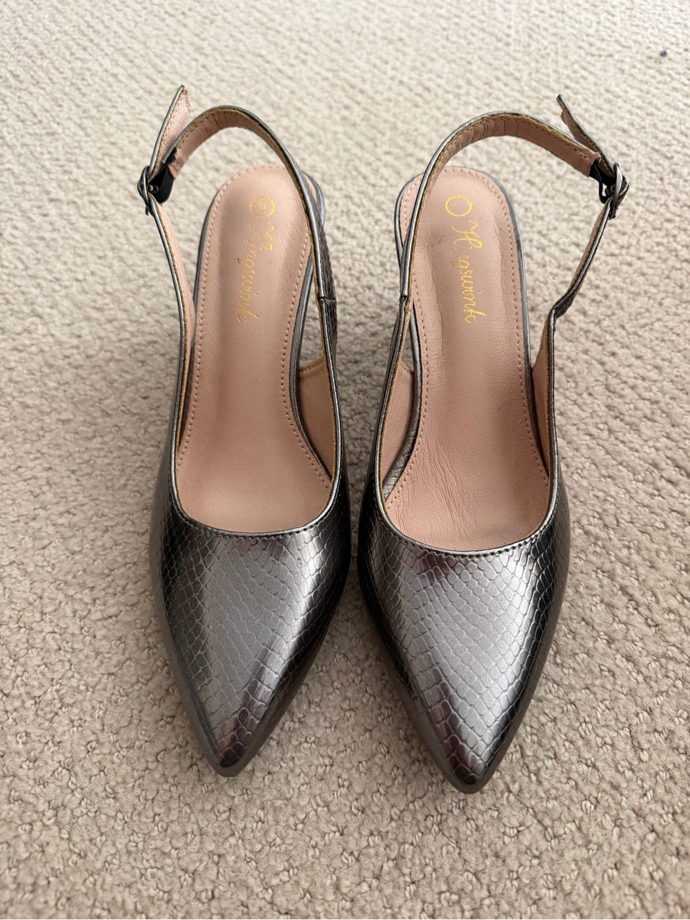 Metallic Gunmetal Slingback Pointed-Toe Heels